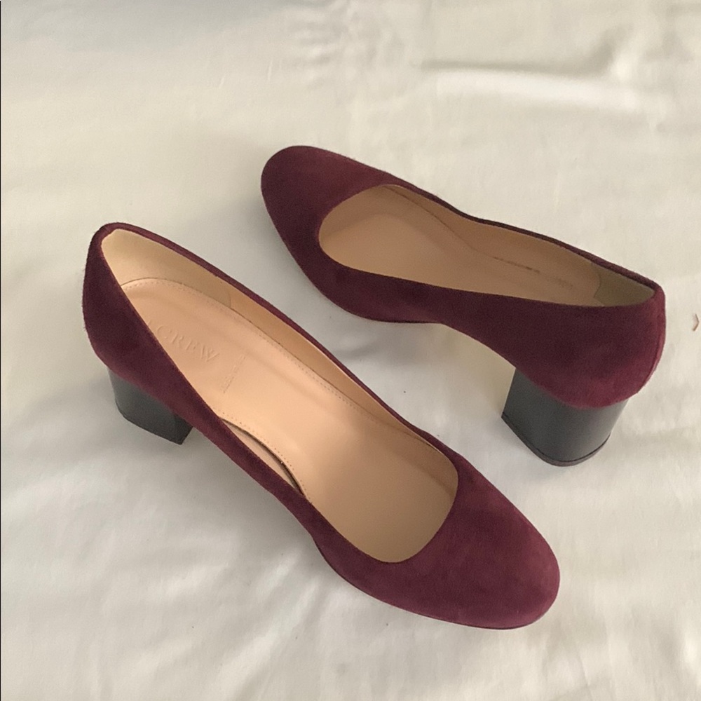 J. Crew’s Lucite Cranberry Suede Block Heel Shoes in Exc. Cond with Box - Size 9